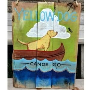 Handpainted yellow dog canoe wood sign Original
